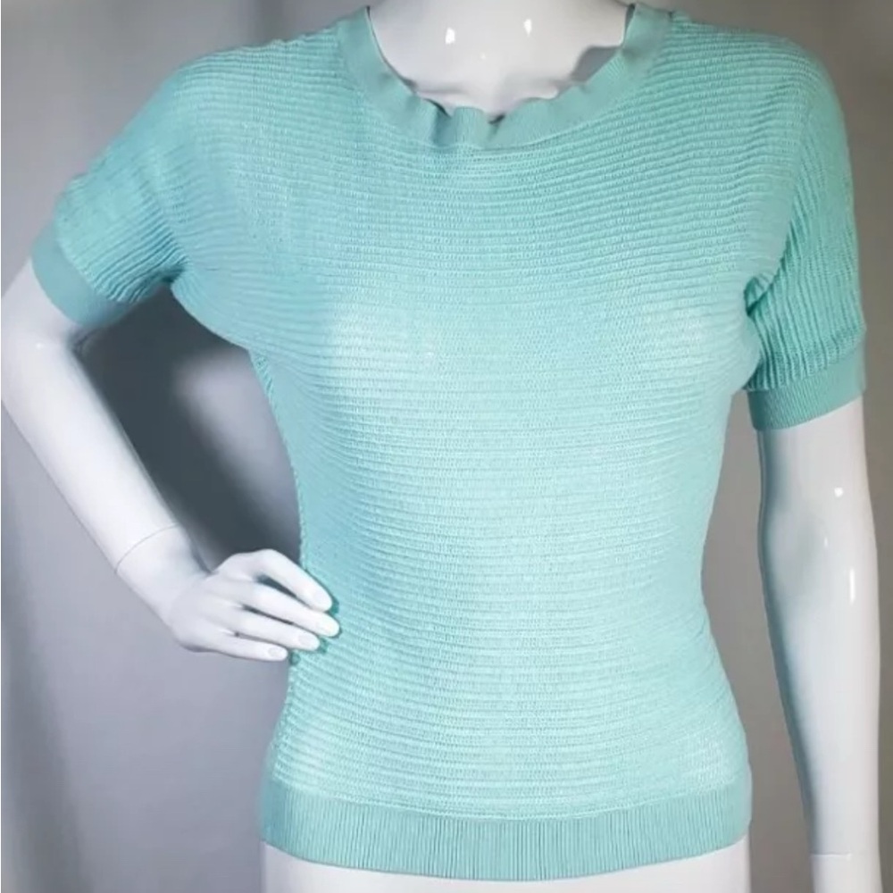 EXPRESS Top Teal Shirt Open Weave Crochet Knit Casual Short Sleeves Small